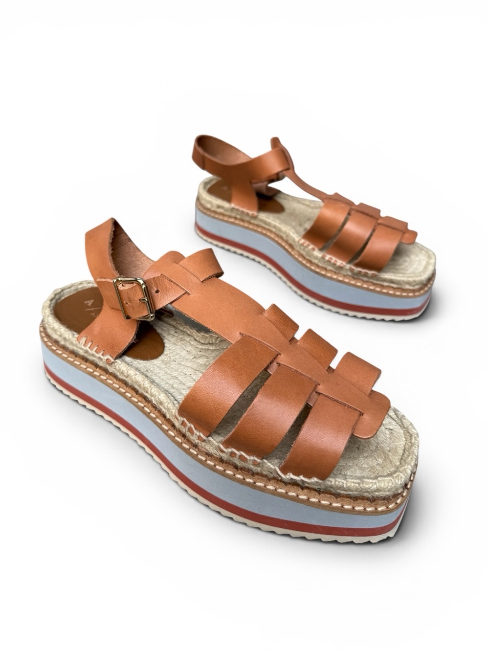 Anthropologie Sporty Platform Sandals in Honey Tan Brown Leather / Raffia size 9 - Picture 2 of 11
